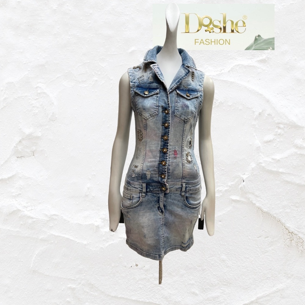 Dishe jeans light dress with crystals and cut letters is a unique